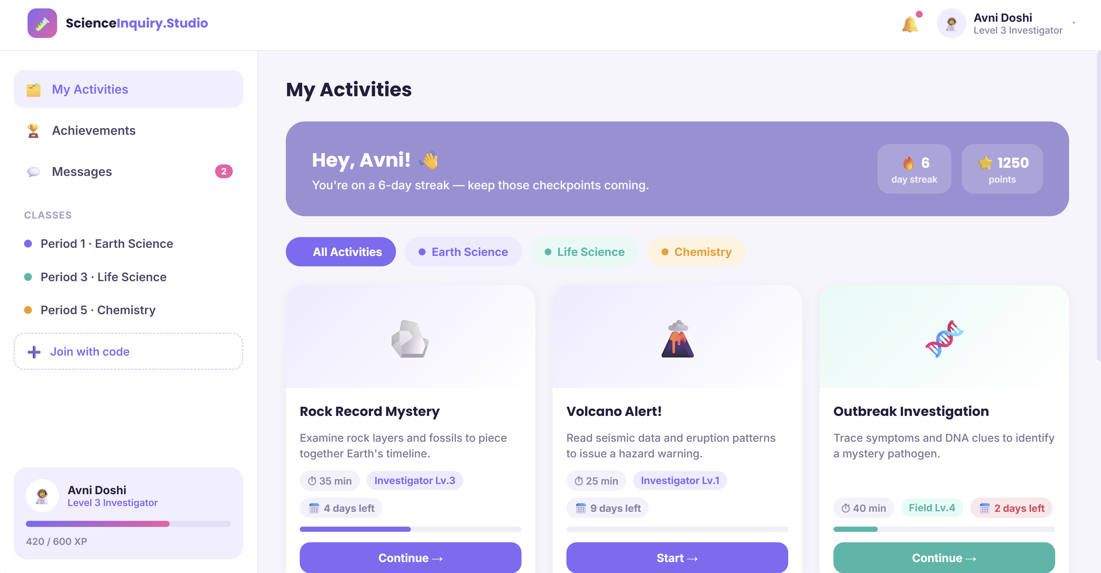 Science Inquiry Studio student activities platform